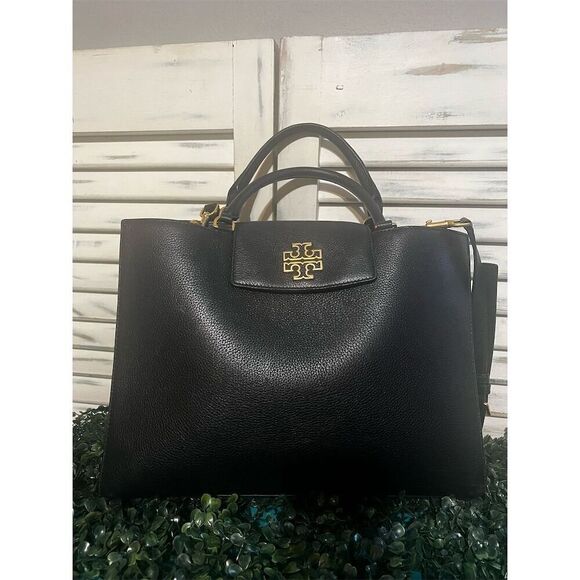 Tory Burch Britten Black Leather Tote Bag with Gold Hardware - Picture 1 of 16